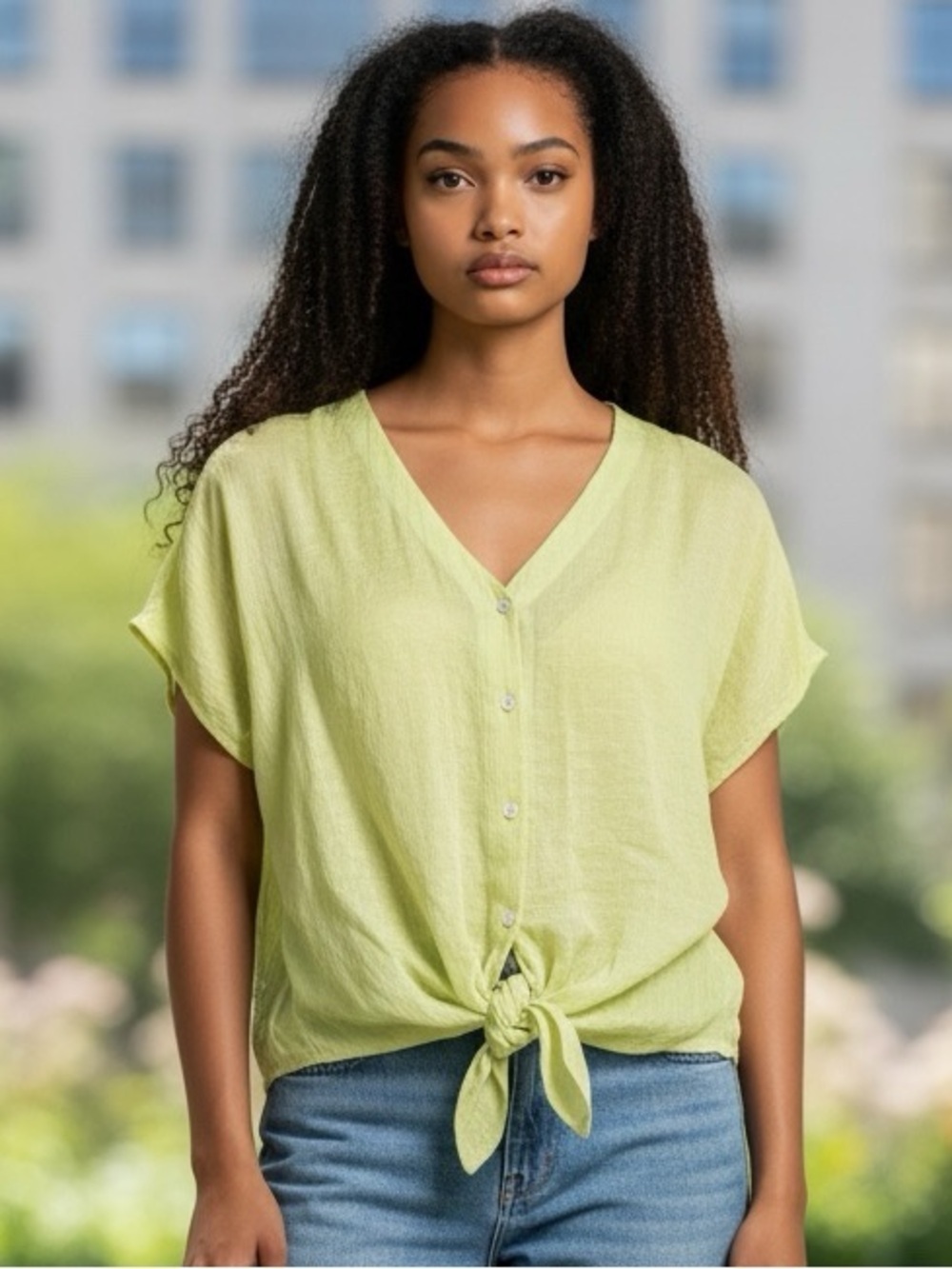 Zac & Rachel Lime Green Buttoned Blouse with Tie Front XL